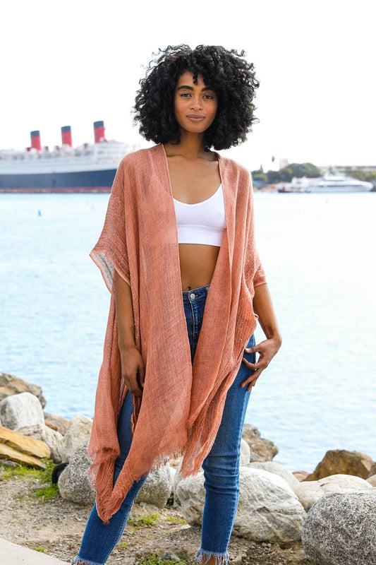 Sequin Border Frayed Trim Kimono