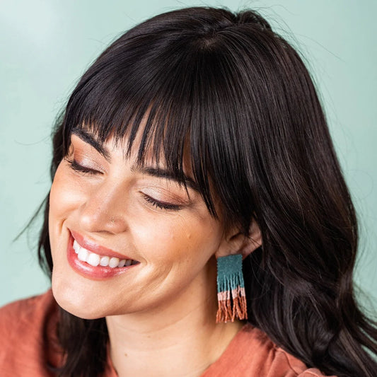 Teal Blush Rust Color Block Fringe Earrings